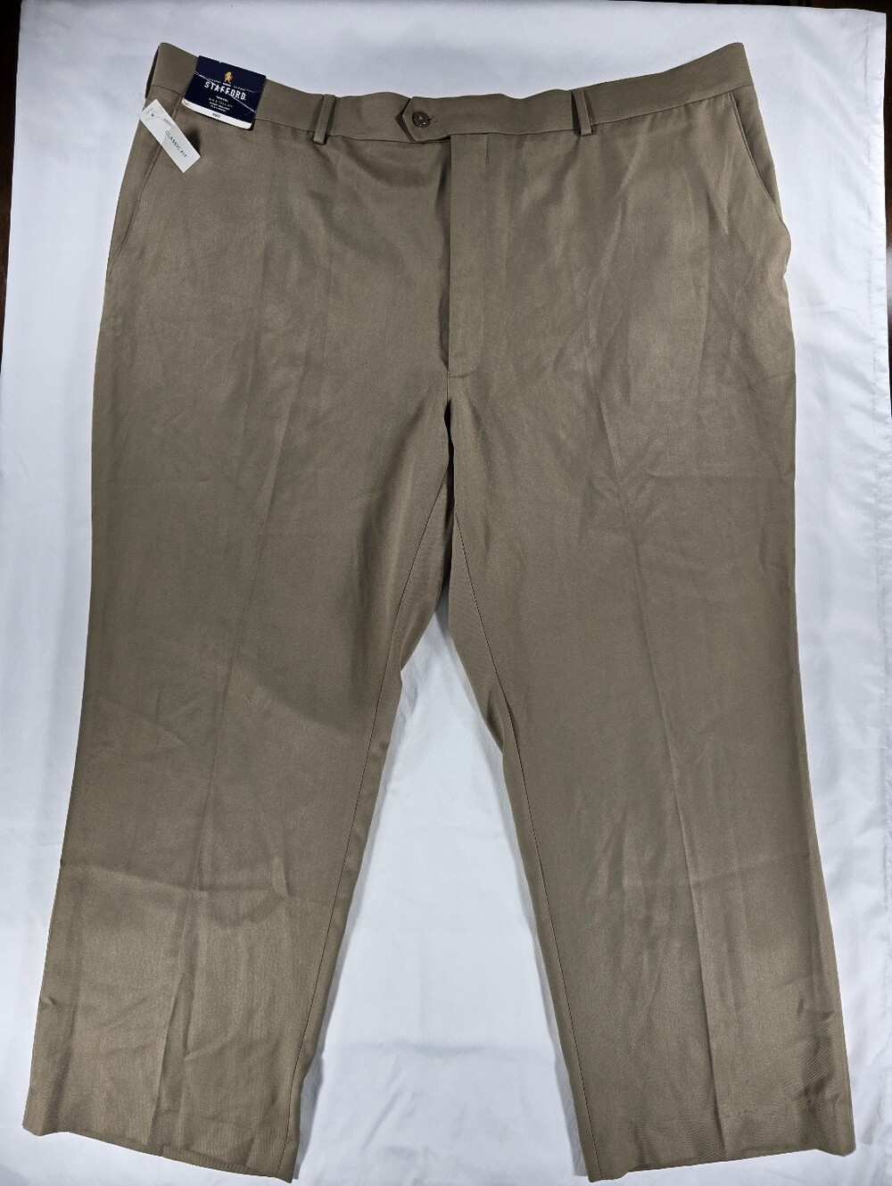 Stafford Mens Travel Super Trouser Pants 52x29 Tan Classic Fit Flat Front NWT